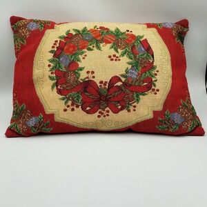 Christmas Needlepoint Decorative‎ Throw Pillow 17x12"Wreath Pinecones berries